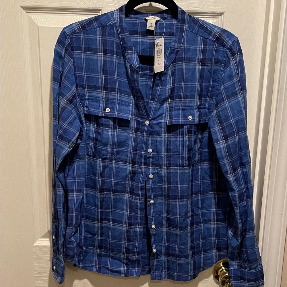 L.L. Bean linen plaid button down shirt